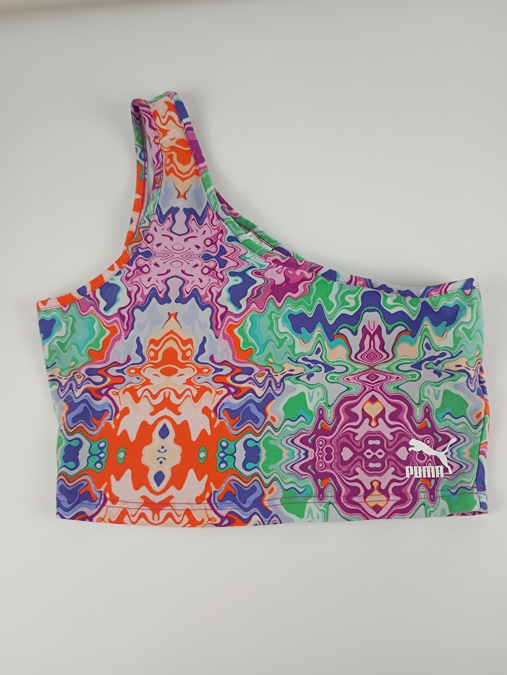PUMA One-Shoulder Sports Bra — Multicolor Abstract Print